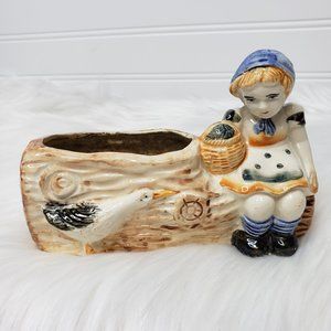 Ceramic Planter Girl With Goose On Log Blue & Orange Vintage 6" Succulents